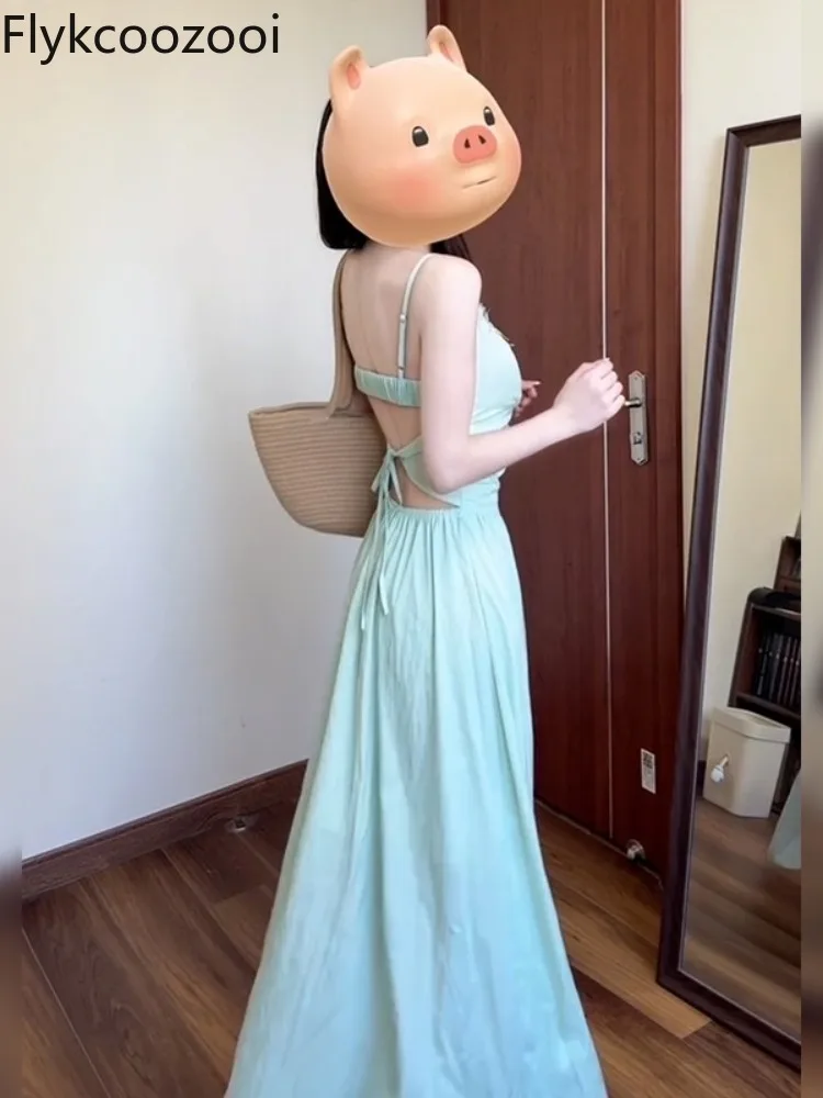 

Summer Beach Backless Camisole Long Dress Women Appliques Floral Waisted A-line Slim Spaghetti Straps Dress Lady Charming Clothi