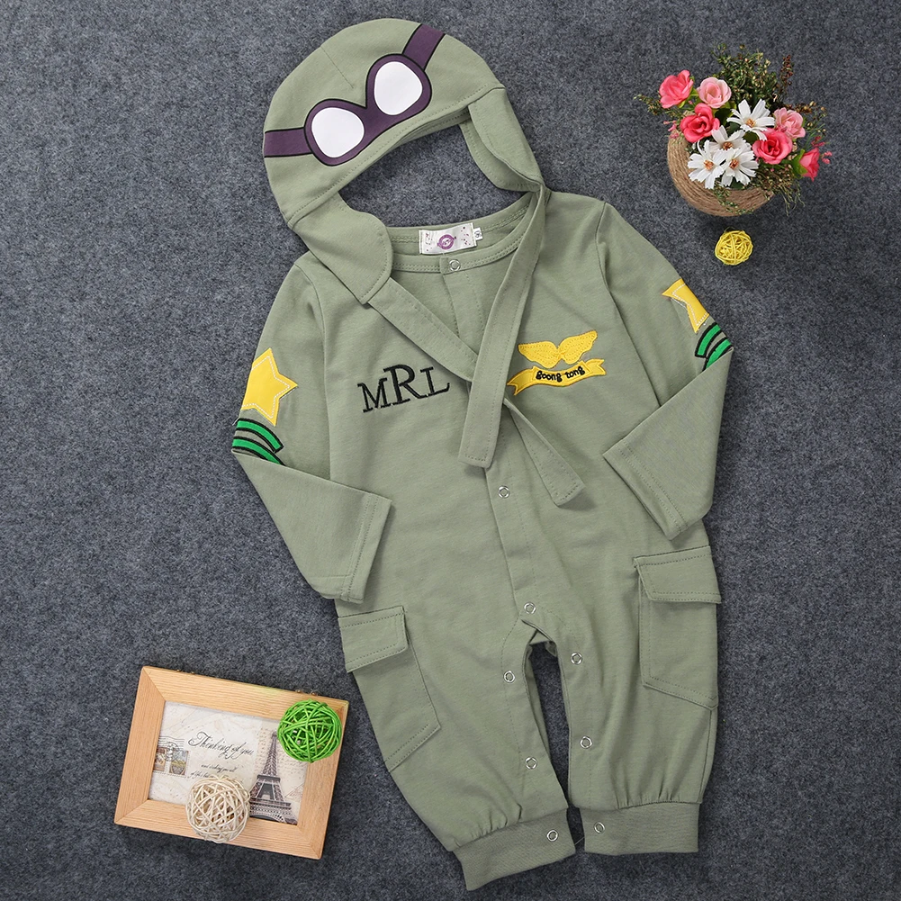 Baby Boys 2Pcs Outfit Long Sleeve Pilot Romper Jumpsuit + Cap Army Green Autumn Clothing Set