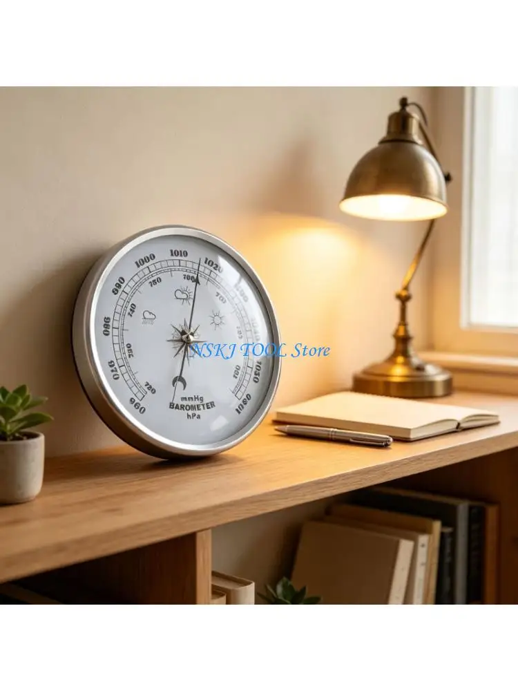 L8RC Round Indoor Weather Reference Meter with 130 mm White Face, Metal-Look Air Pressure Instrument for Home Office Room