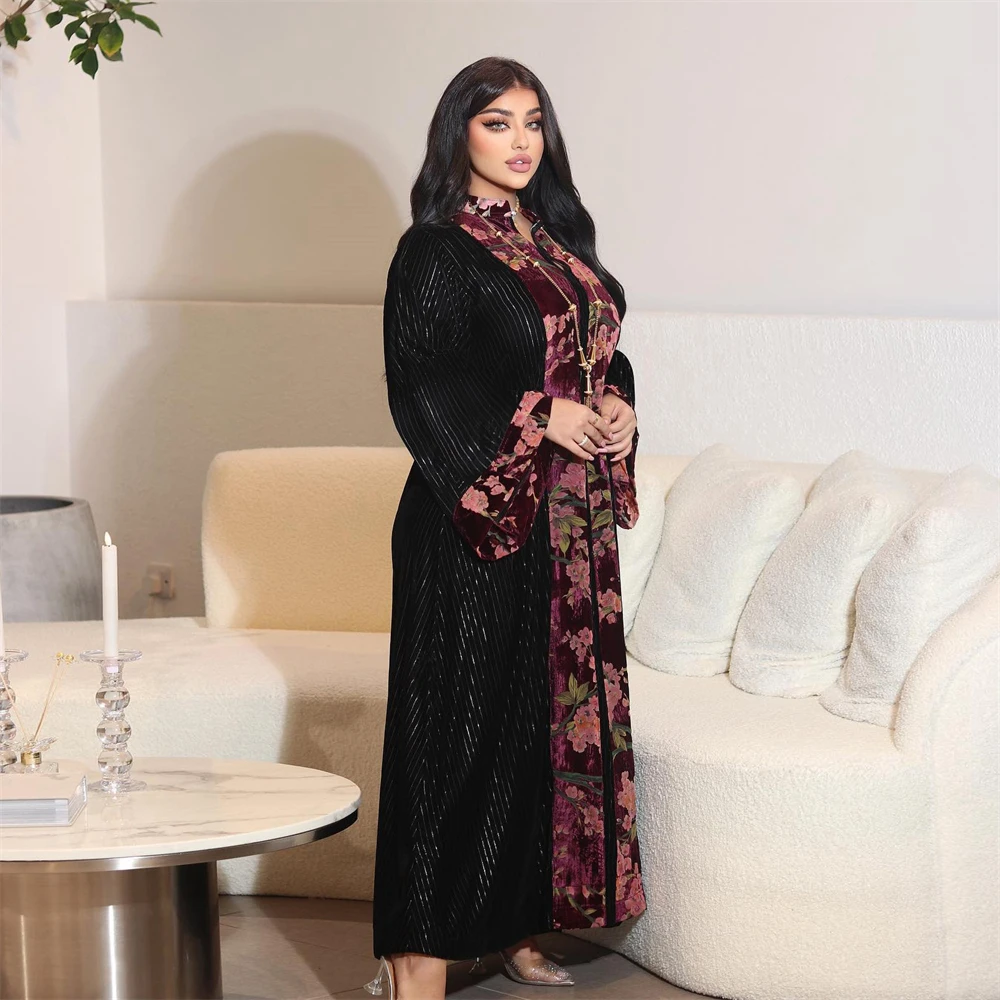 Eid Mubarak Velvet Warm Abaya Muslim Women Long Dress Turkey Kaftan Arab Islam Clothing Evening Dubai Robe Maroko Jalabiya Gown