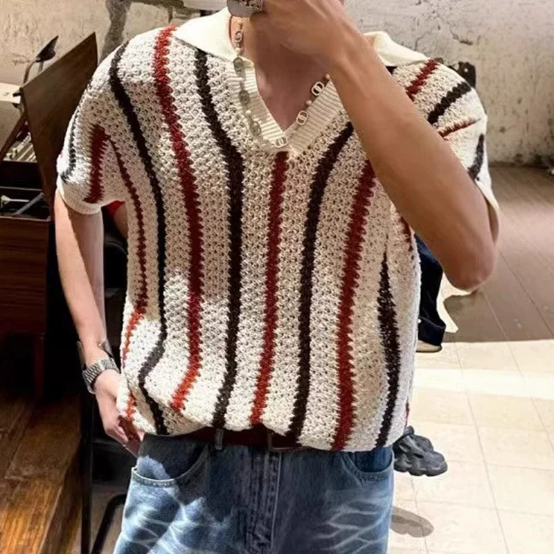 

Уличная одежда, винтажные мужские топы, весна-лето, стильная полосатая ажурная рубашка-поло для мужчин, повседневные футболки с короткими рукавами и лацканами