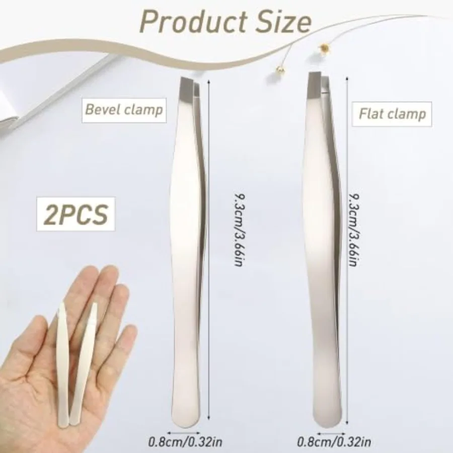 2 Pack Precision Tweezers for Women Facial Hair, Slant Tip and Flat Tip Eyebrow Tweezers Set, Professional Stainless Steel Pluc