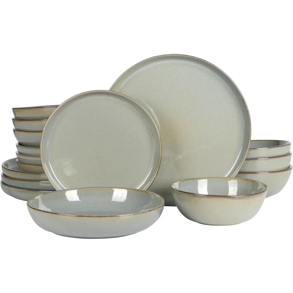 

Gibson Elite Berea 16-Piece Dinnerware Set: Round Stoneware Ceramic Plates, Bowls, and Reactive Glaze Green Service for 4