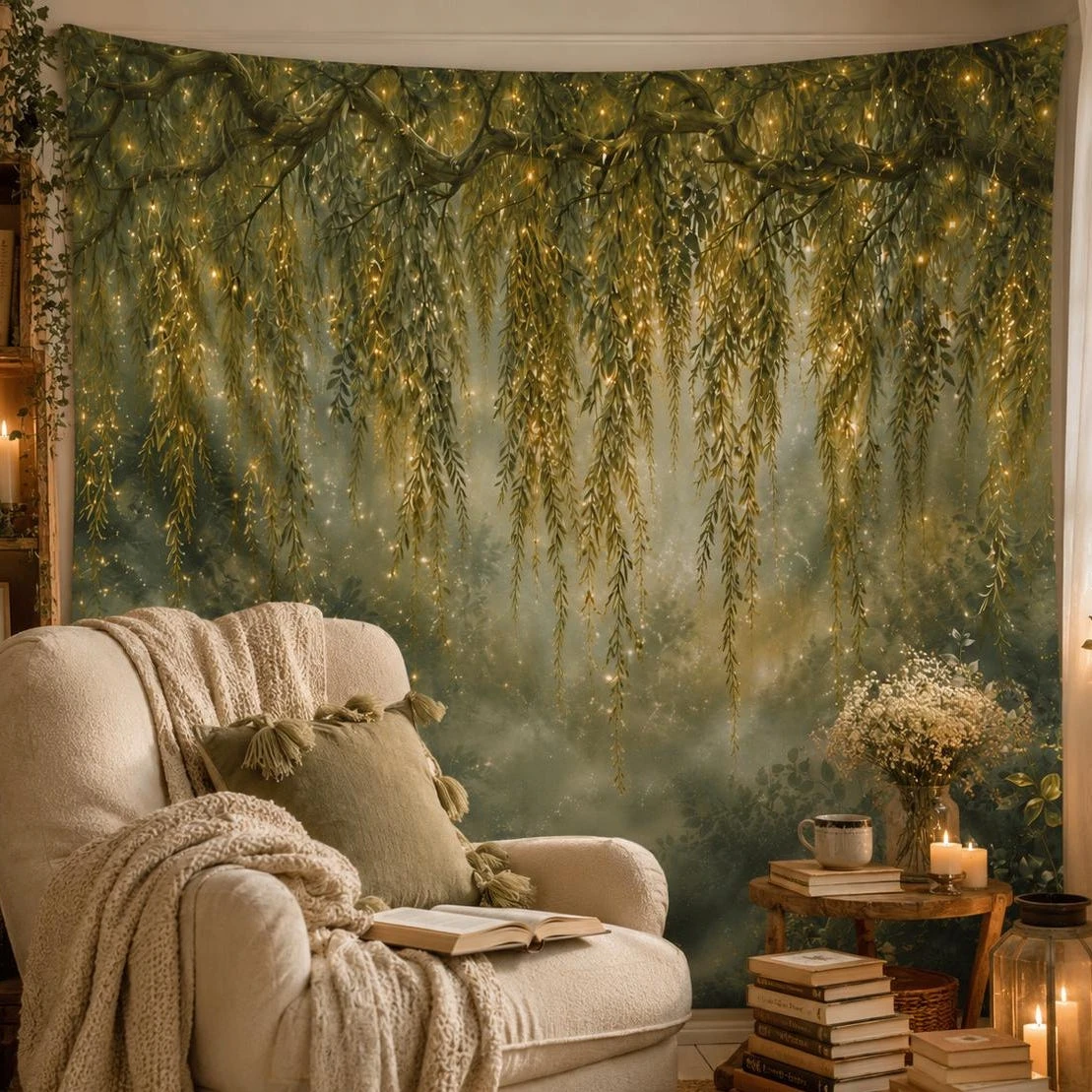 1pc Enchanted Willow Tapestry, Fairy Light Garden Wall , Fun Tapestry Suitable For College Dormitories, Living Rooms, Home Decor