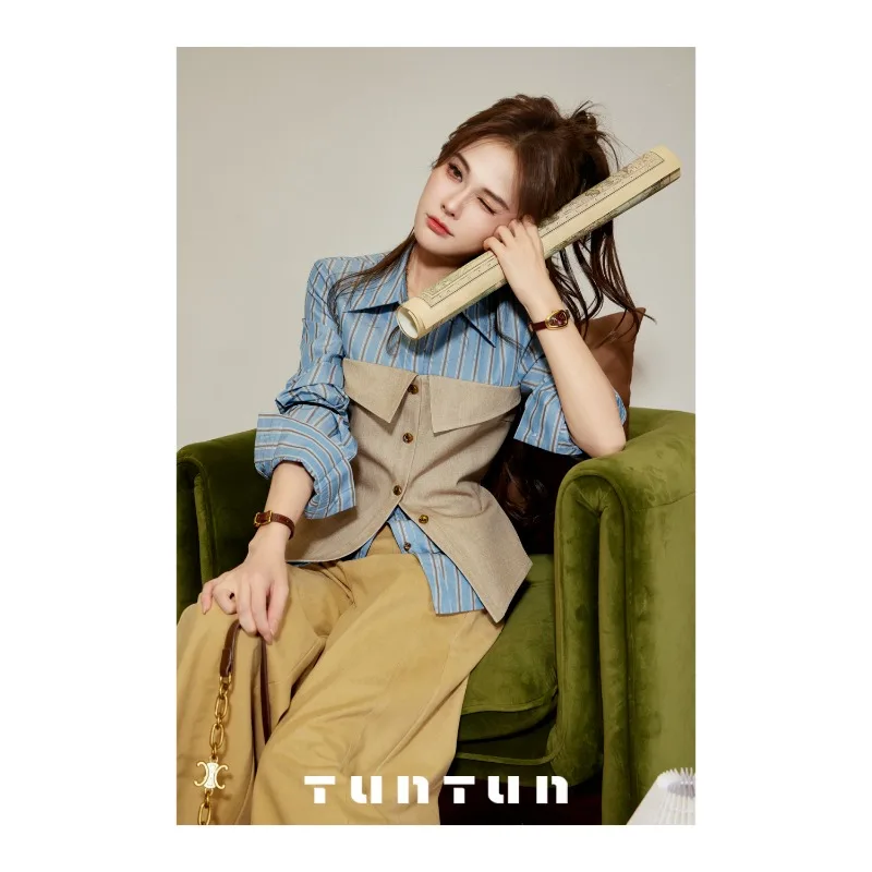 Women's Clothing Early Autumn Retro Girdle Stitching Vertical Pattern Long-sleeved Cardigan Shirt