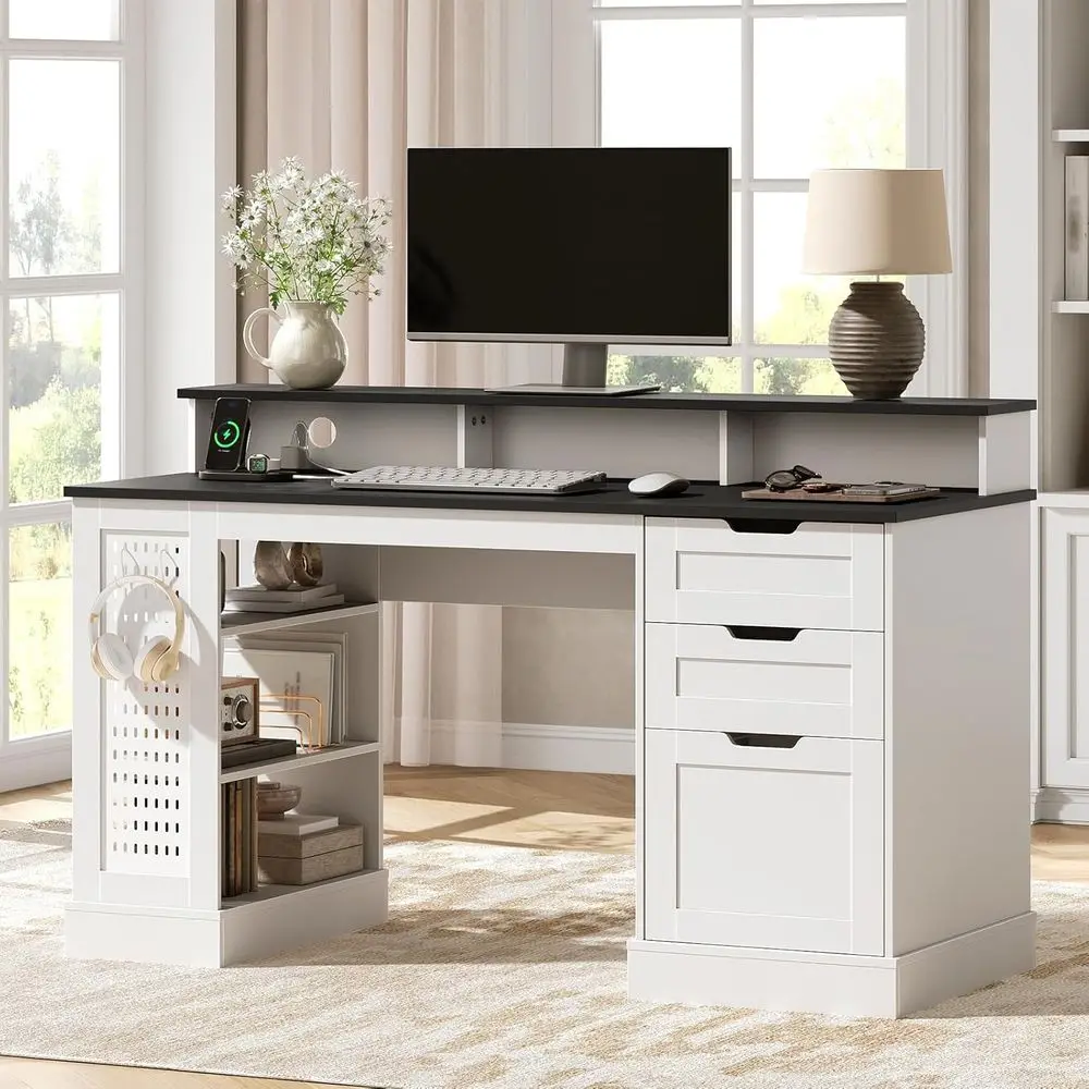 

Письменный стол Executive Desk 55 с 2 ящиками, 3-уровневой полкой, зарядной станцией, перфорированной панелью и полкой для монитора - белый и черный