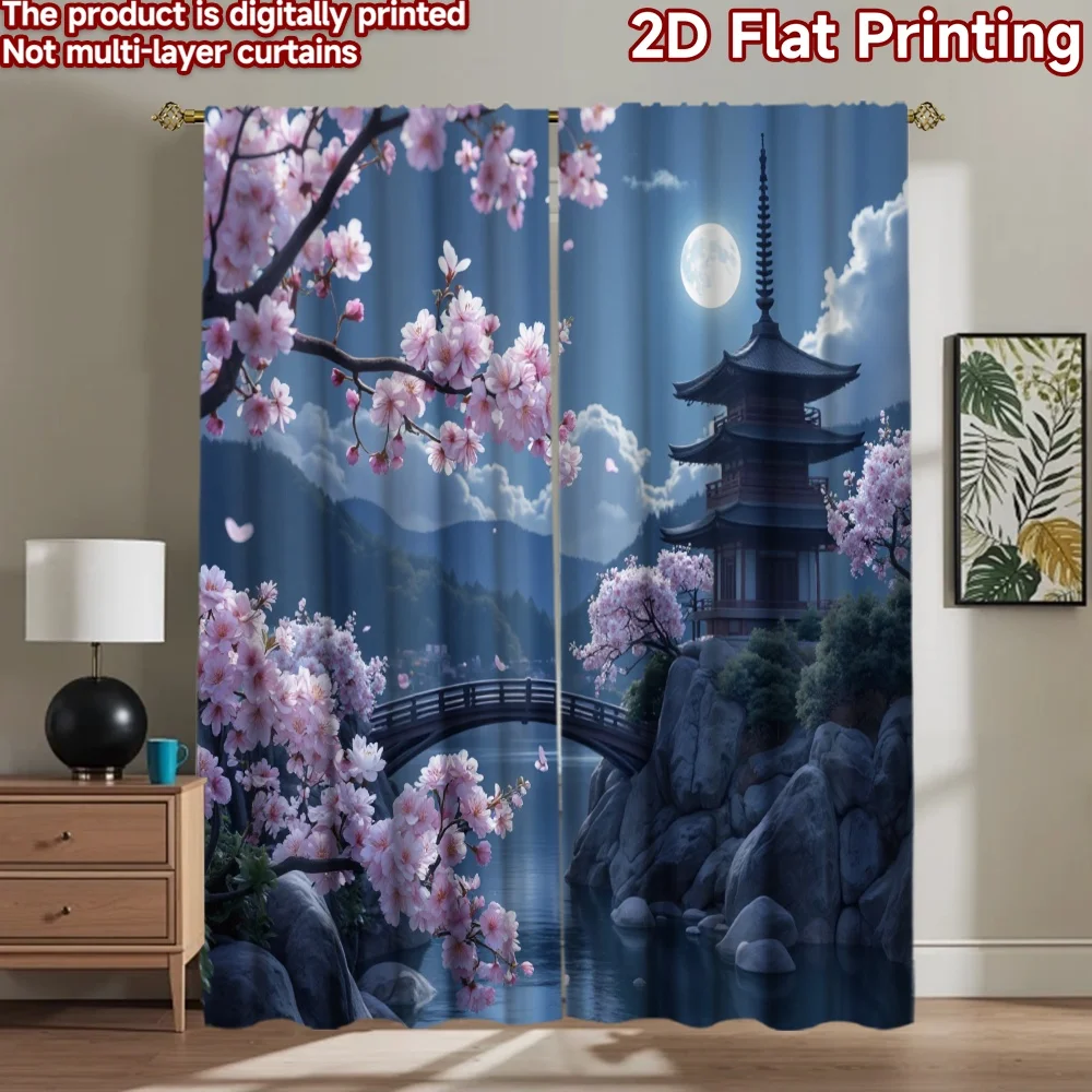 2D flat 2pcs Curtain Retro Country Style Moonlit Cherry Blossom Pagoda Digitally printed polyester Party Decorations for Indoor