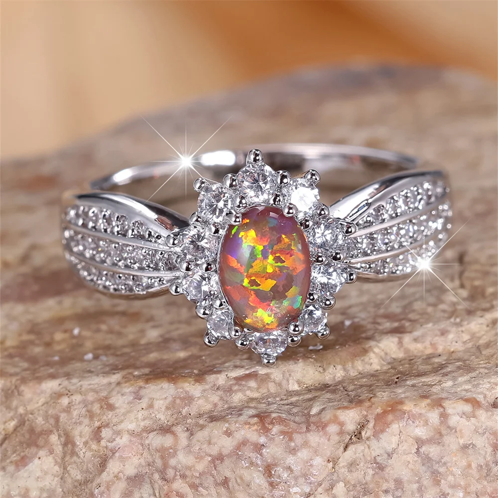 Red Opal Oval Stone Sun Flower Rings For Women Vintage Silver Color White Zircon Wedding Bands Birthstone Jewelry Gifts