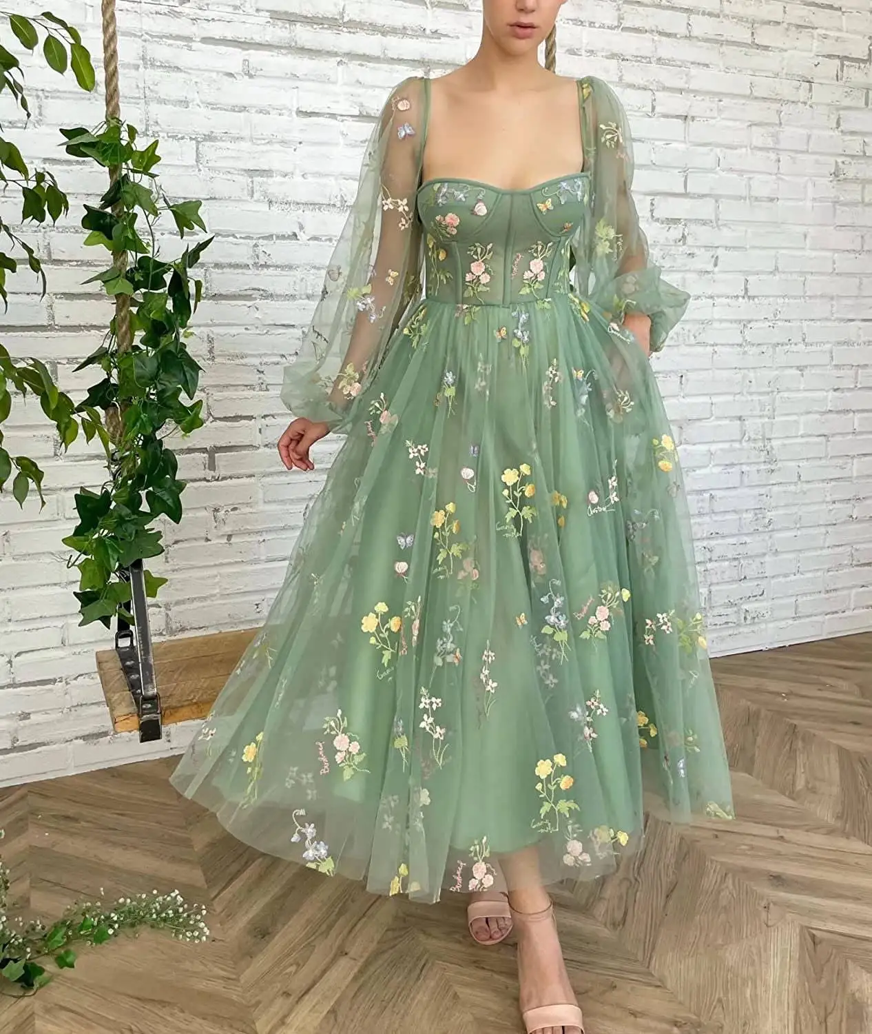 

Women's Puffy Sleeve Prom Gown Green Flower Embroidery Tulle Evening Party Formal Dresses