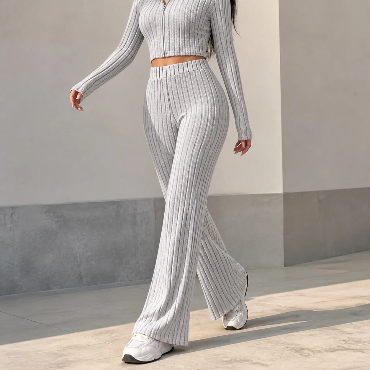 Zipper Long Sleeve Full Length Set with Sexy Women Sets High Manganese Acid Wash Private Celebrity Style Autumn Long Pants