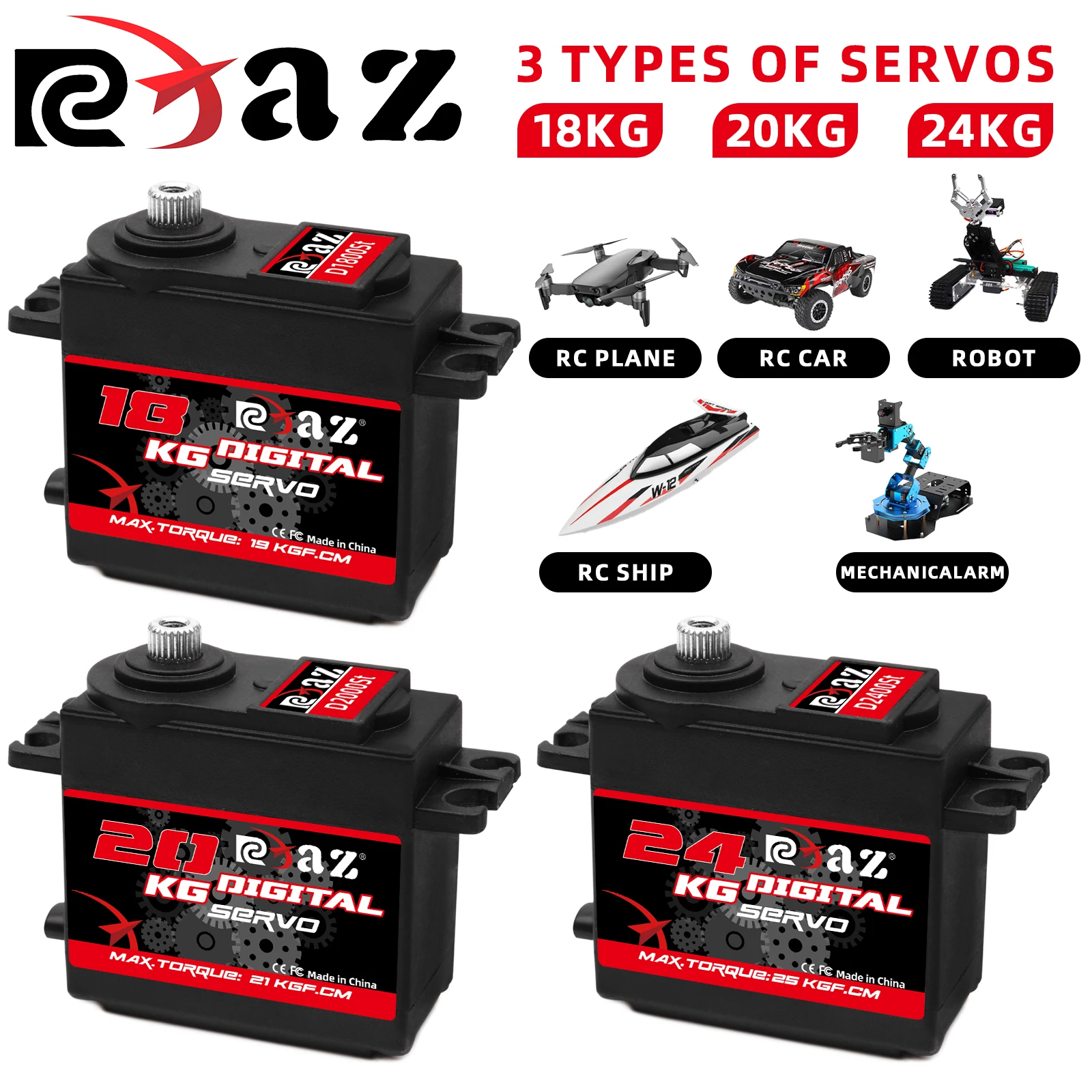 RCXAZ Digital Servo Rotation 180° Metal Gear Servo 18KG 20KG 24KG High Speed Servo for RC Car Robot Boat RC Helicopter