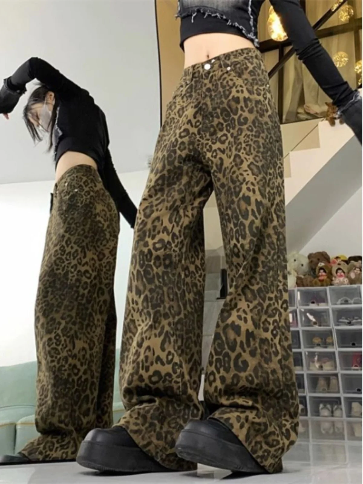 Calças Jeans de Perna Larga com Estampa de Leopardo Retro Americana, Cintura Alta, Ajuste Solto, Crimento até o Chão para ...