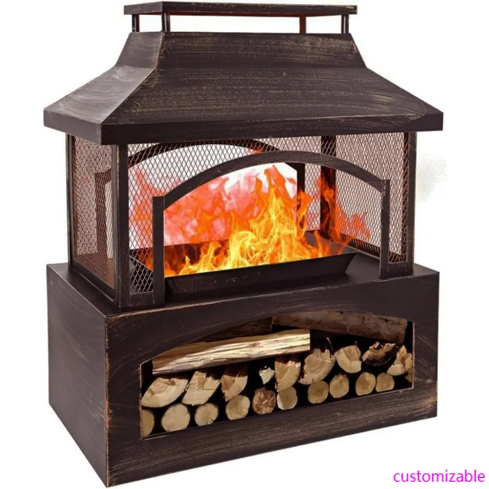 Rectangular Outdoor Wood Burning Fire Pit with Poker, Wood Storage, and Rain Cover - Bestier 37
