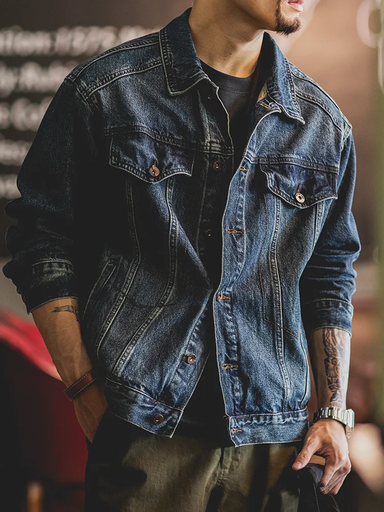 Retro American Washed Blue Denim Jacket Men's Autumn New Style Large Size Workwear Jacket Cotton Polyester Blend Long Sleeve