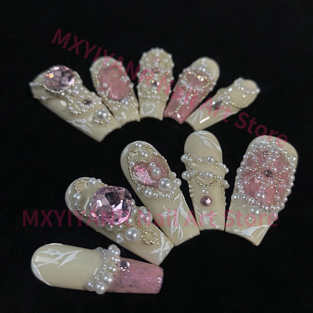 10 Pcs Handmade Press On Nails 2024 Christmas New Pink Luxury 3D Limited Long Coffin False Nails Design Art DIY Nails with Set