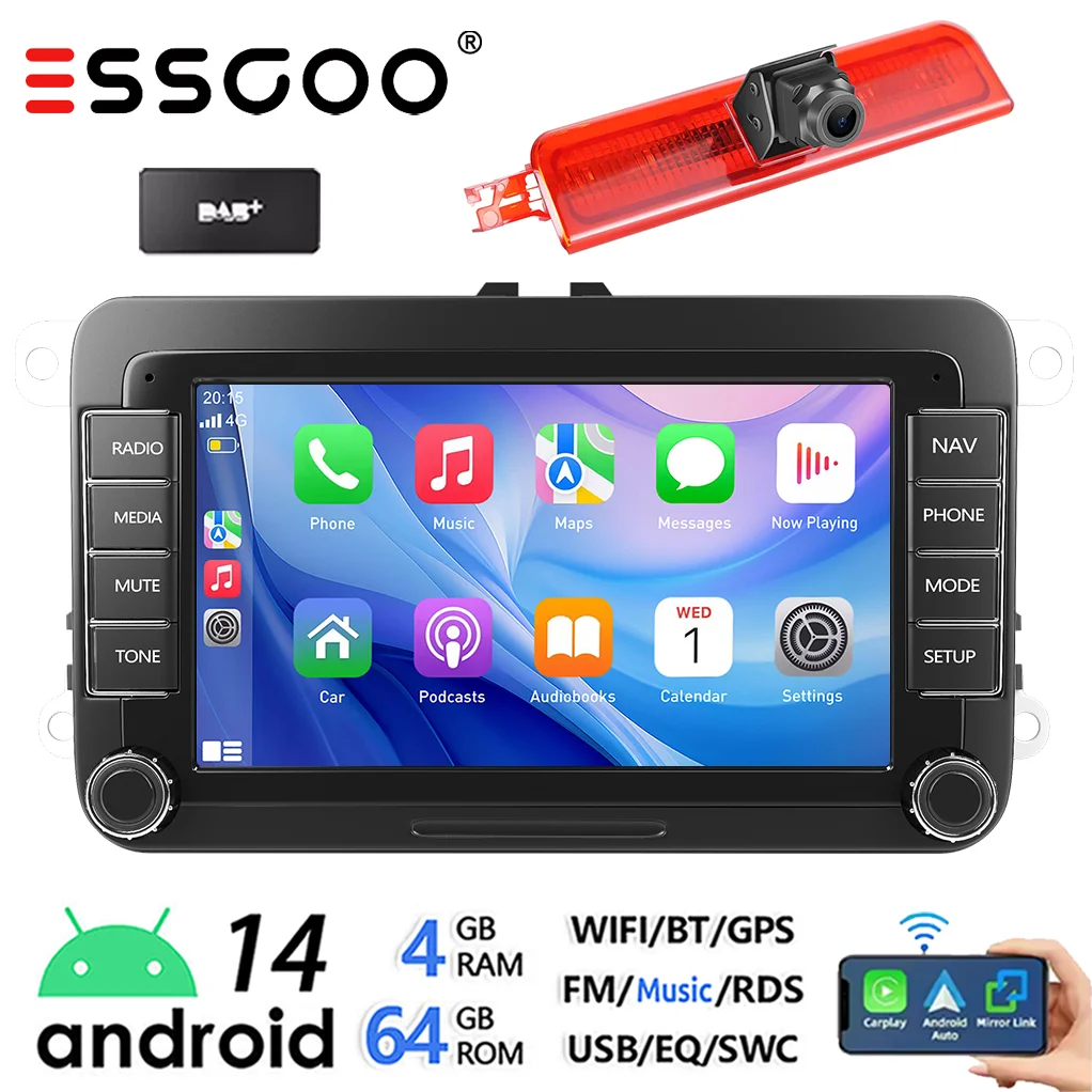 ESSGOO Android 14 Autoradio 7" für VW Caddy Life 2K Facelift mit Rückfahrkamera und Bremslicht - Multimedia Video Player Wireless CarPlay Android Auto FM WiFi Bluetooth RDS Mirror Link
