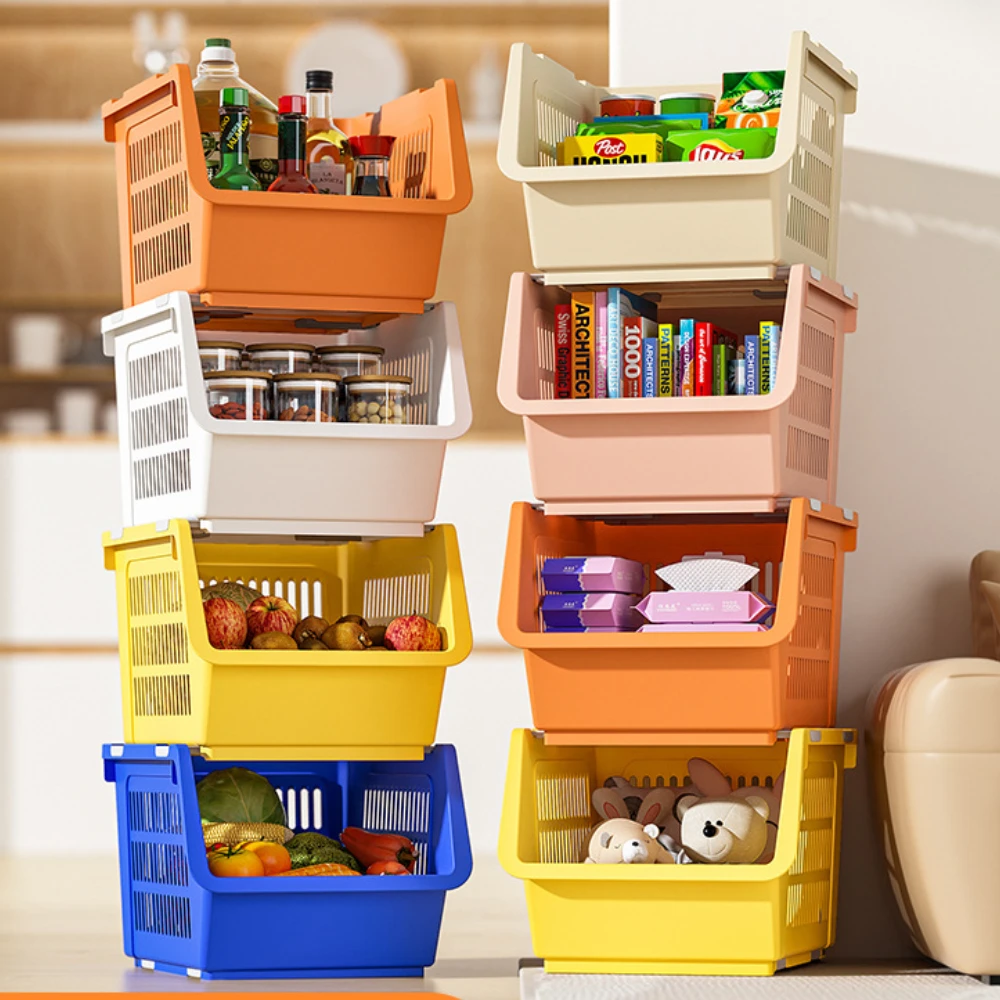 Kitchen Stackable Basket with Wheels High-capacity Stackable Storage Bins Household Durable Multi-layer Simple Storage Shelves