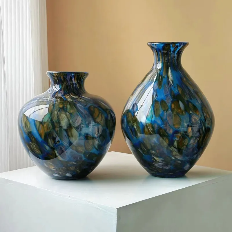 Retro peacock blue glazed vase ornament, living room flower arrangement hotel entrance, model room, sales department decoration