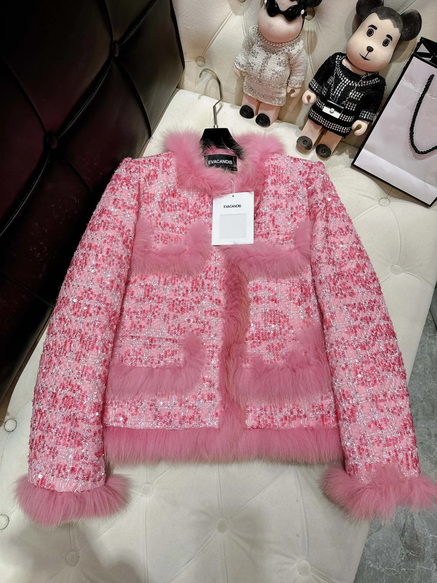 EVACANDIS Women High Quality Sequins Fox Fur Down Lining Quilted Pink Coat Office Lady Jacket Fairycore Elegant Chic Luxury Tops