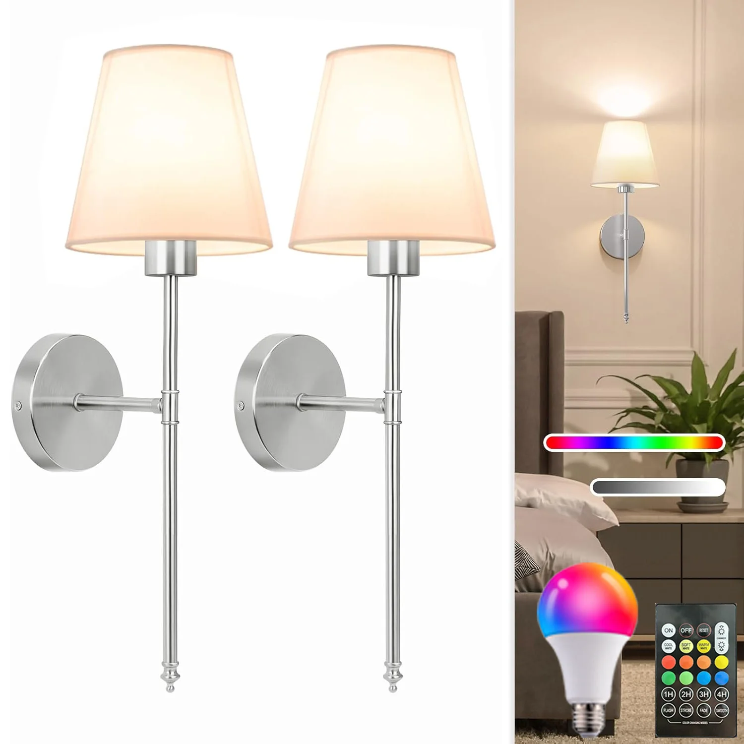 2pc Wall Lights Battery Operated Wall Sconces Gold Wireless Wall Lamp With Remote Rgb Colors Modes Rechargeable   JJ3179LK