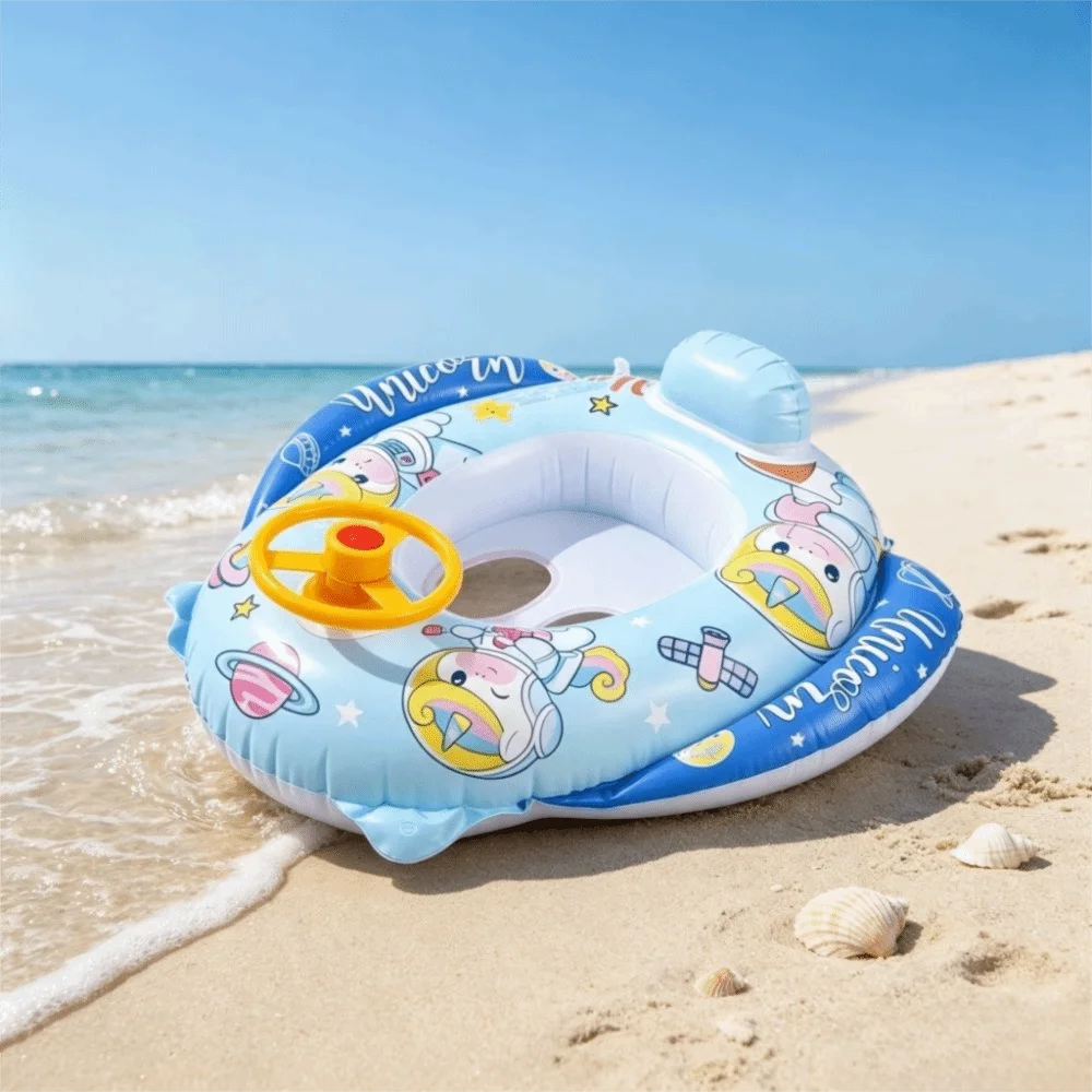 Inflatable Swimming Float with Seat with Steering Wheel Swimming Ring Cartoon Design Floating Seat Inflatable Swimming Ring
