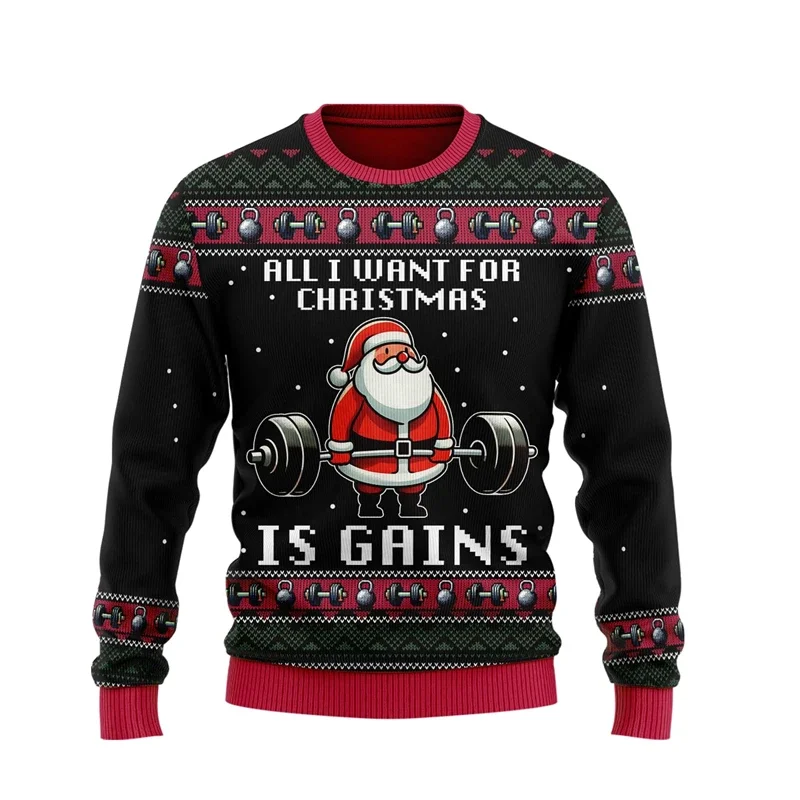 2024 Fitness Ugly Christmas Sweatshirts For Men Clothes Sport Gym Power Lifting Men Ugly Sweater Dumbbel Unisex Pullovers Tops