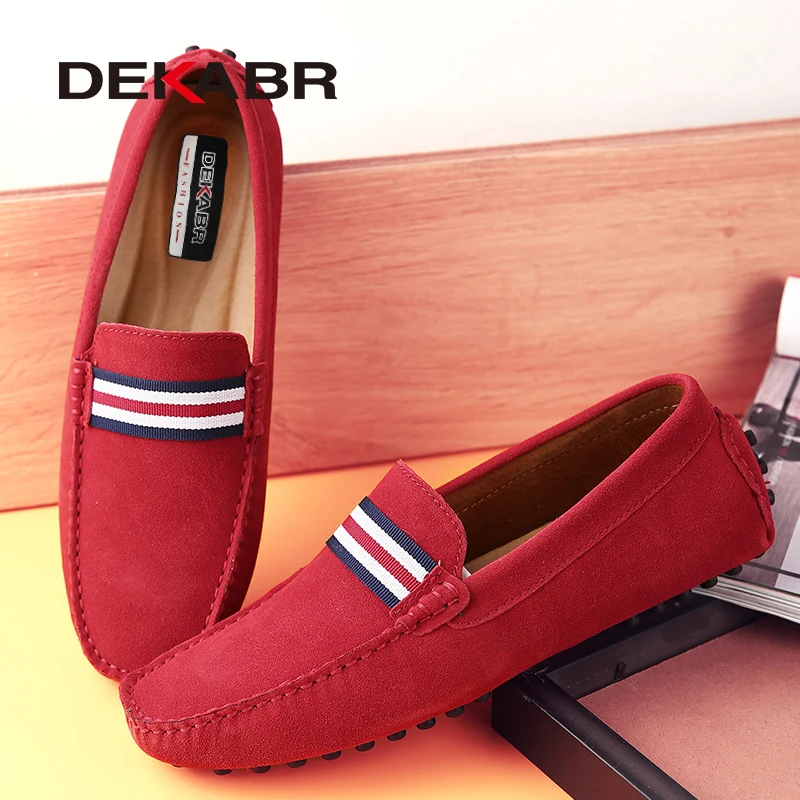 DEKABR Loafers Men New Design Suede Loafers Genuine Leather Slip on Moccasins Men Comfy Red Moccasin Driving Loafers for Men