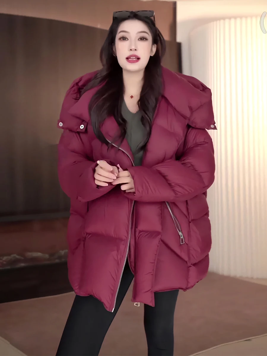 Rojo Du down Puffer Jaet abrigo con capucha de longitud media para mujer invierno nuevo Sle Thiened blanco Du Feather Commute Sle