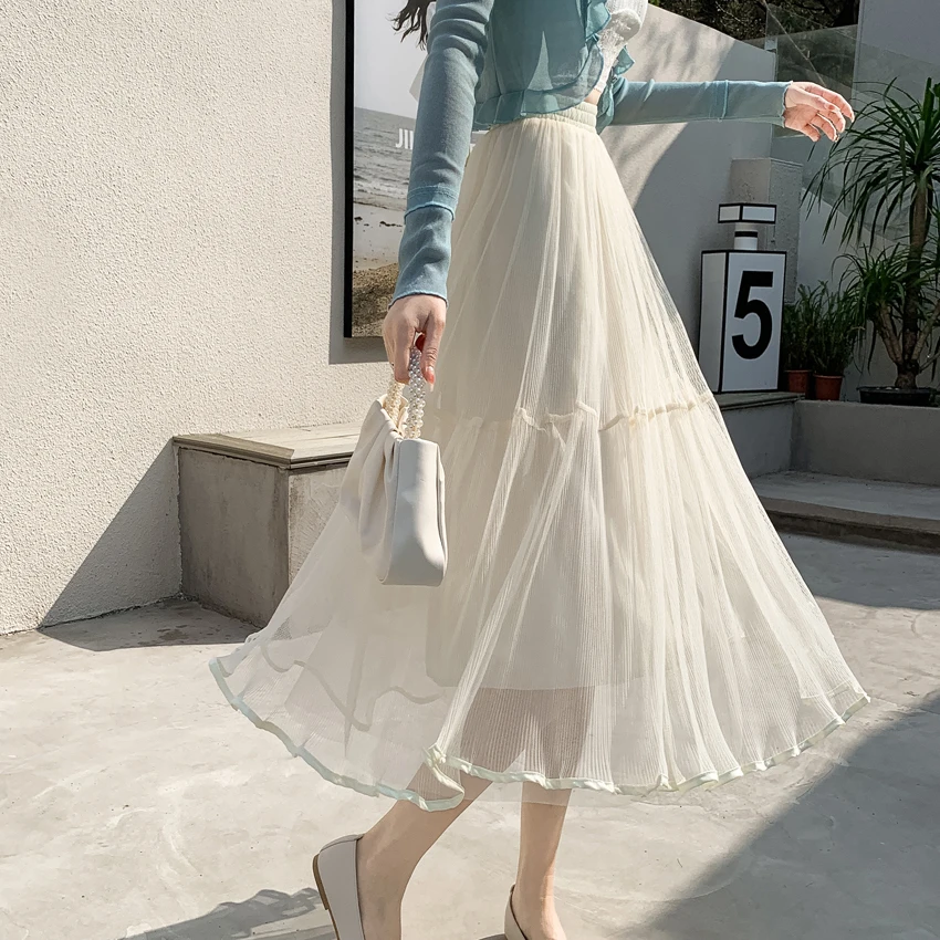 

High Waist Midi Skirt Women's Spring Summer Floral Lace A-Line Skirt Slimming Cake Skirt Pure Color Versatile Style