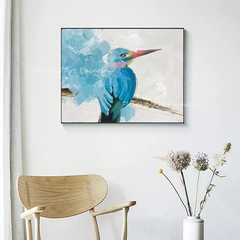 

Blue Bird Vivid Animal Picture Large Size 100% Handpainted Cute Picture oil painting for kid's living room office porch decor