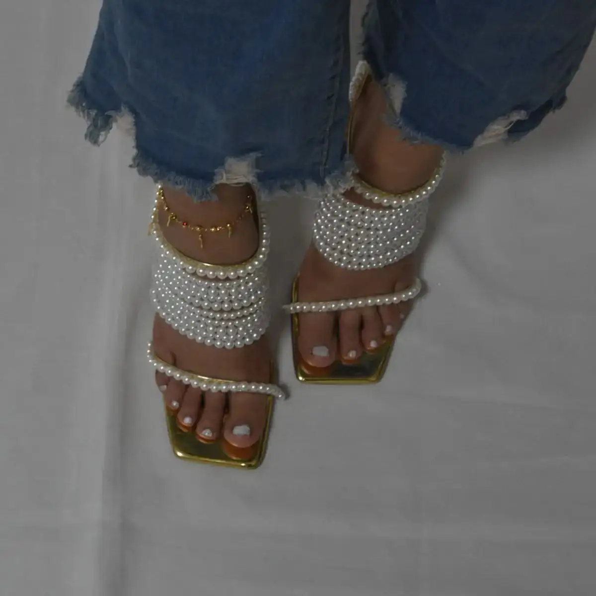 Luxury Multi-Layer Pearl Wrap Around Ankle Sandals Square Toe Metallic Gold Stiletto Party Shoes