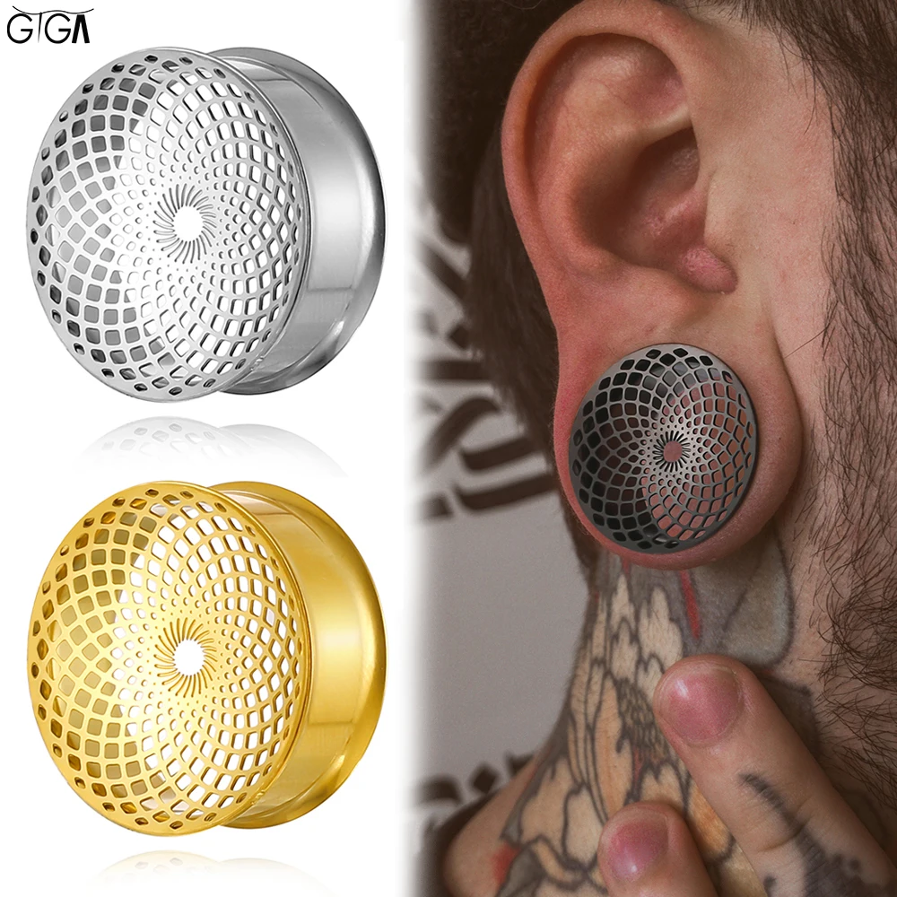 Giga 2Pcs Cool Vortex Stainless Steel Ear Plugs Double Flared Earlobe Expander Stretcher Gauges Earrings Body Piercing Jewelry