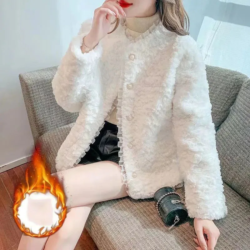 2025 New Lace Spliced Lamb Fur Jacket Women Autumn Winter Korean Short Faux Fur Coat Ladies Single-Breasted White Fluffy Outwear