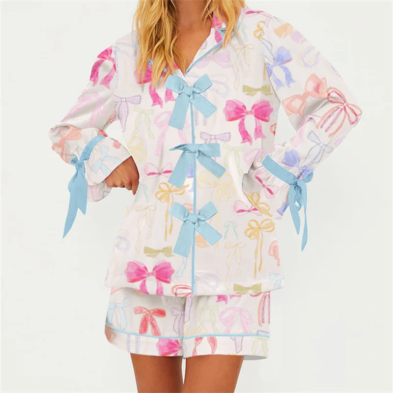 

Women Y2k Cute Valentine's Day Bow Tie Pajamas Set Satin Long Sleeve Tie Front Shirt Ruffled Shorts Bow Homewear