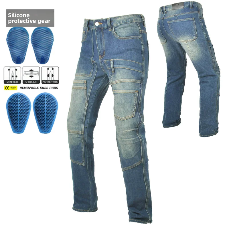 

2026 Fashion Men Vintage Motorbike Riding Jeans Multi Pocket Workwear Anti Fall Silicone Protective Biker Casual Pants