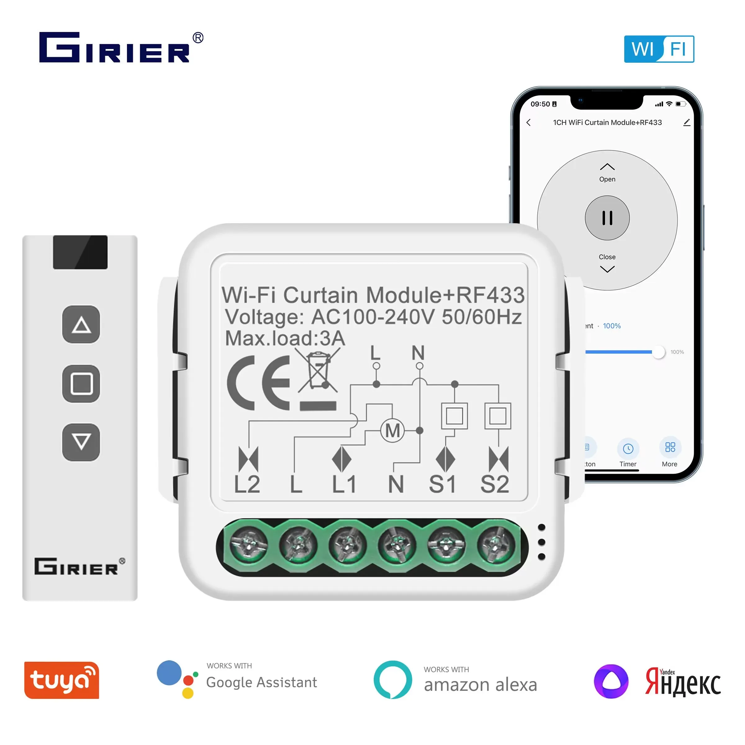 GIRIER Tuya 스마트 WiFi RF433 전기 롤러 셔터 블라인드 모터 용 커튼 스위치 모듈 1 Gang Works Alexa Alice Google 홈