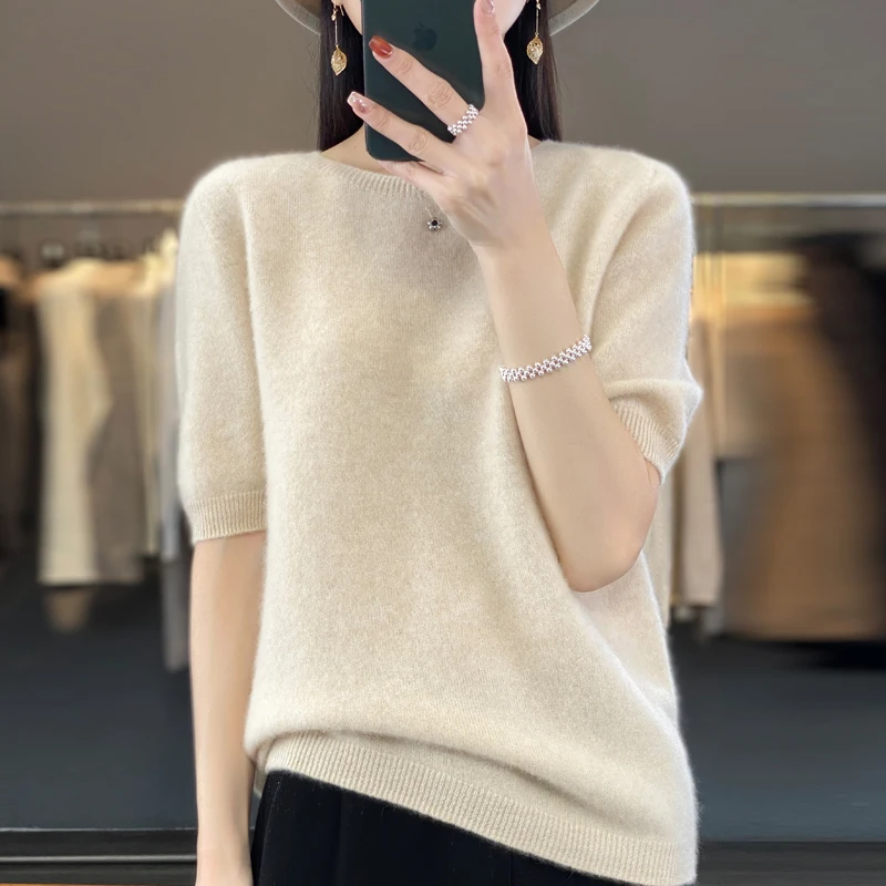 100% Merino wool women\'s O neck knitted T-shirt Korean pullover short sleeve sweater women\'s basic solid color half sleeve women