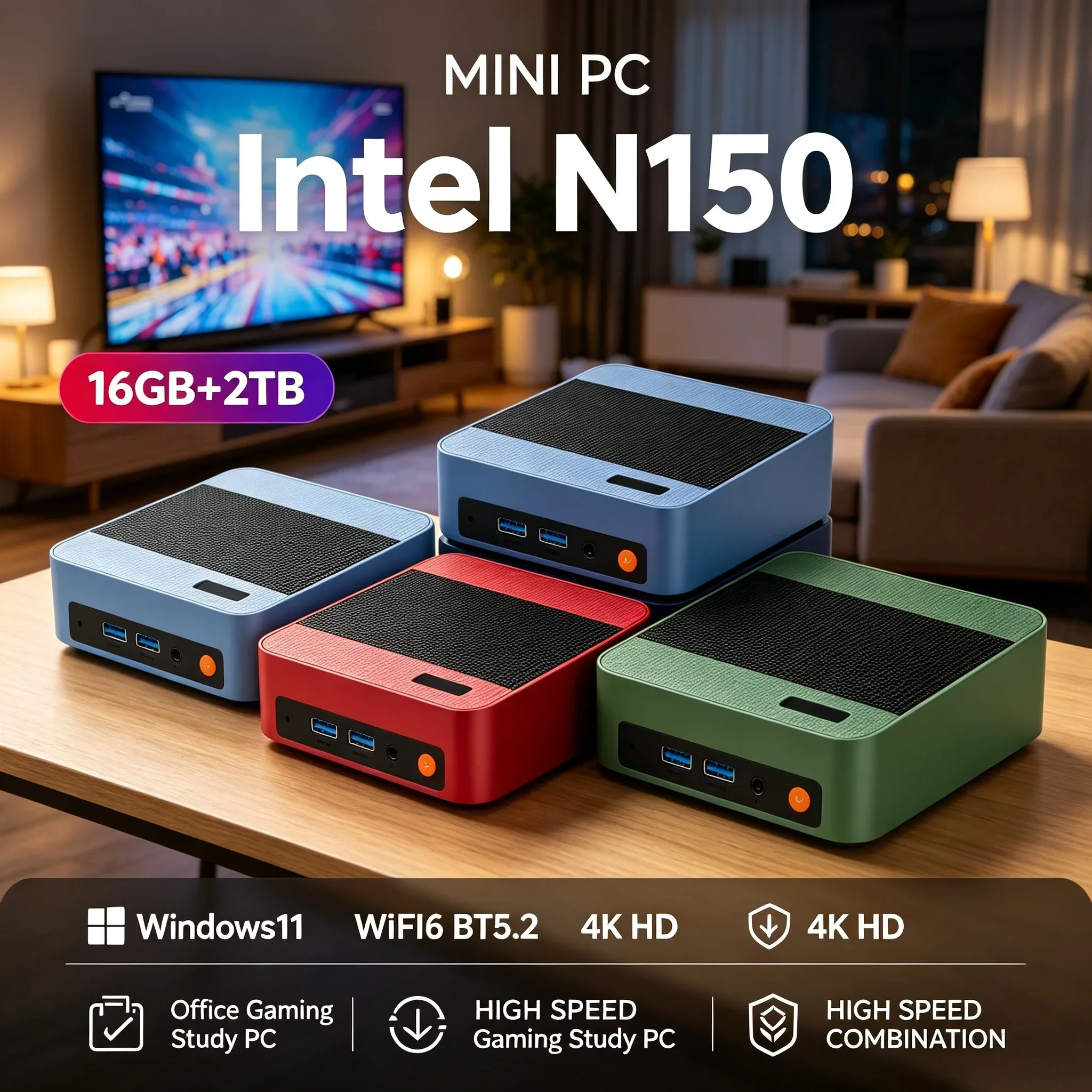 2026 New Mini PC Computer Intel Core N150 PC Gaming Computer 16GB RAM 1TB 2TB SSD WiFi 6 BT5.2 4K HD Portable Desktop Pc