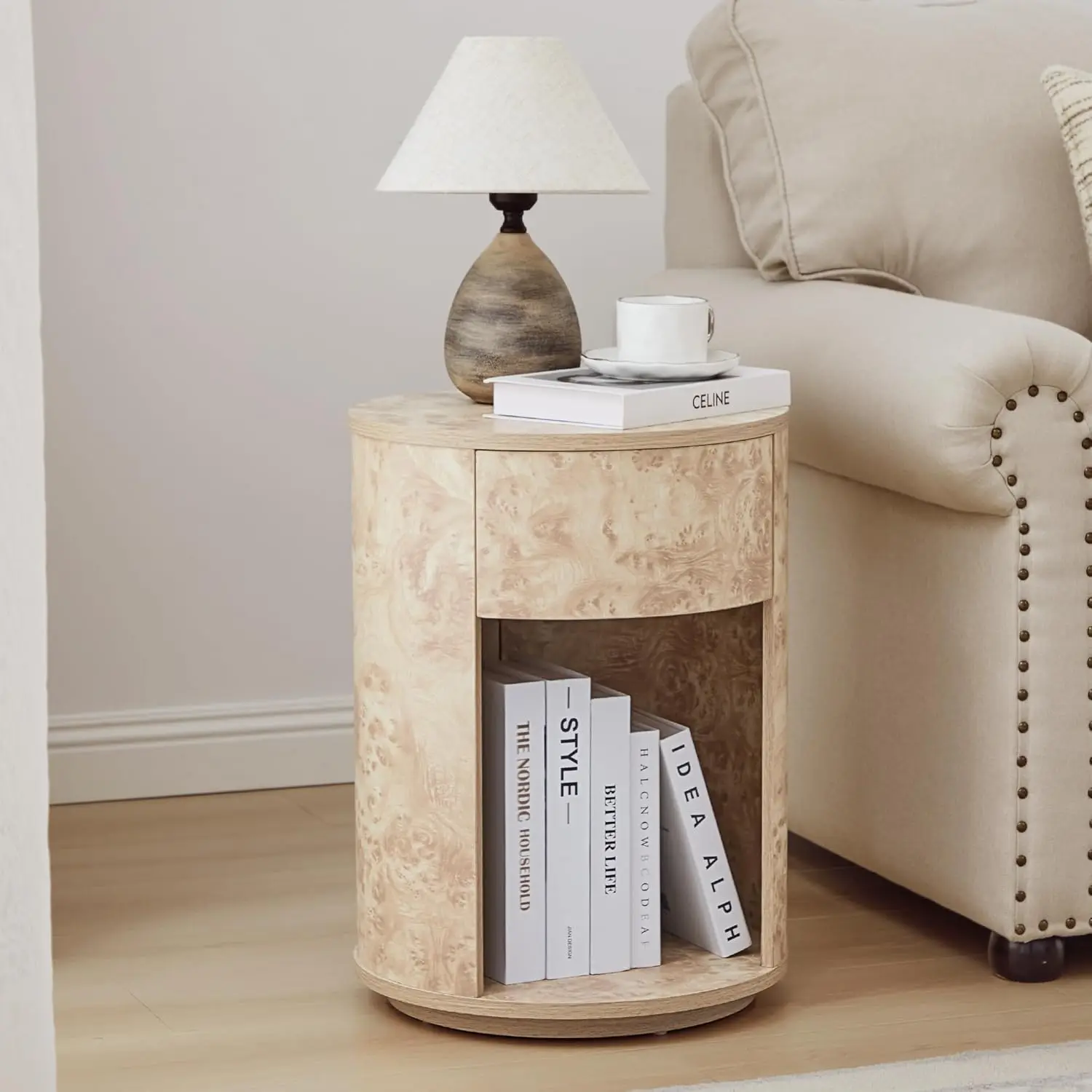 

Round Bedside Nightstand with Drawer & Open Shelf Burl Wood Finish for Living Room Bedroom Natural 1-Pack, Customized