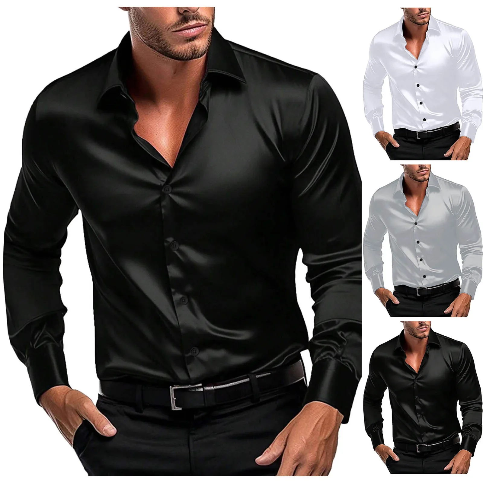 

New Stand-up Collar Solid Color Smooth Thin Casual Long Sleeve Shirt Mens Glossy Shirt