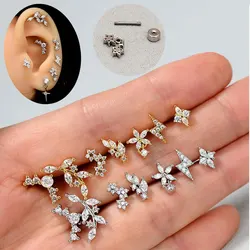 1PC Tragus Helix Piercing Dangle Earring for Women Rook Lobe Cartilage Flower Cross CZ Stud Earring Stainless Steel Jewelry 20G
