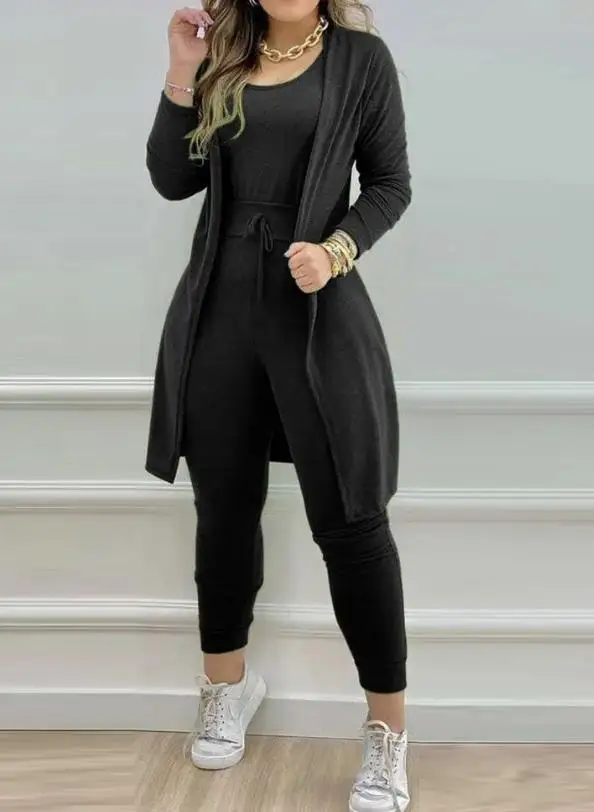 Women\'s Suit 2023 Autumn Fashion Sleeveless Skinny Jumpsuit & Casual Long Sleeve Pocket Design Longline Coat Two Piece Outfit