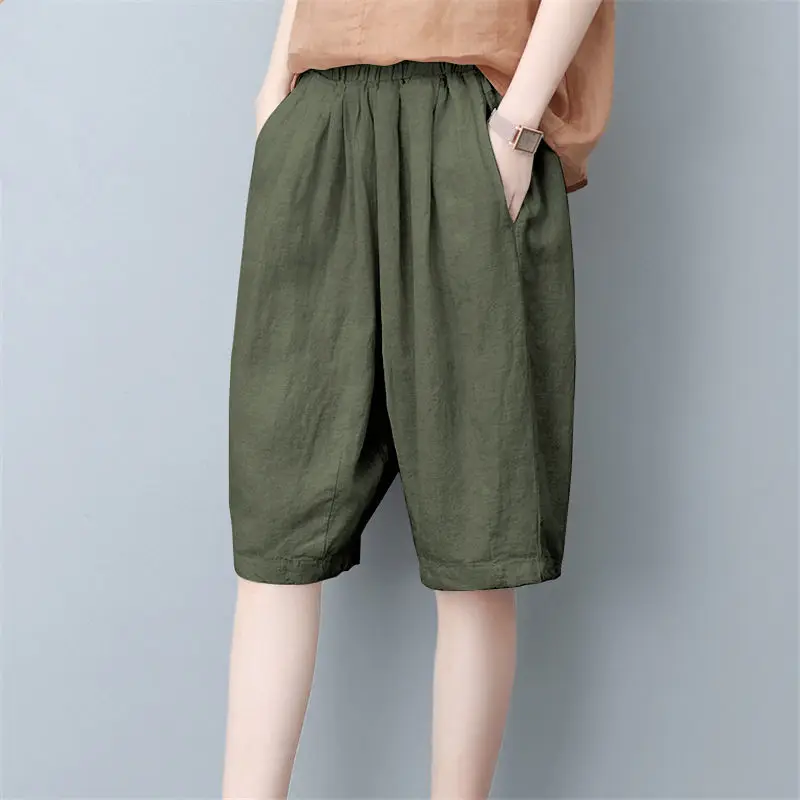 

Fashion Elastic Solid Color Pockets Straight Casual Pants Women's Clothing 2024 Summer New Loose All-match High Waist Knee Pants