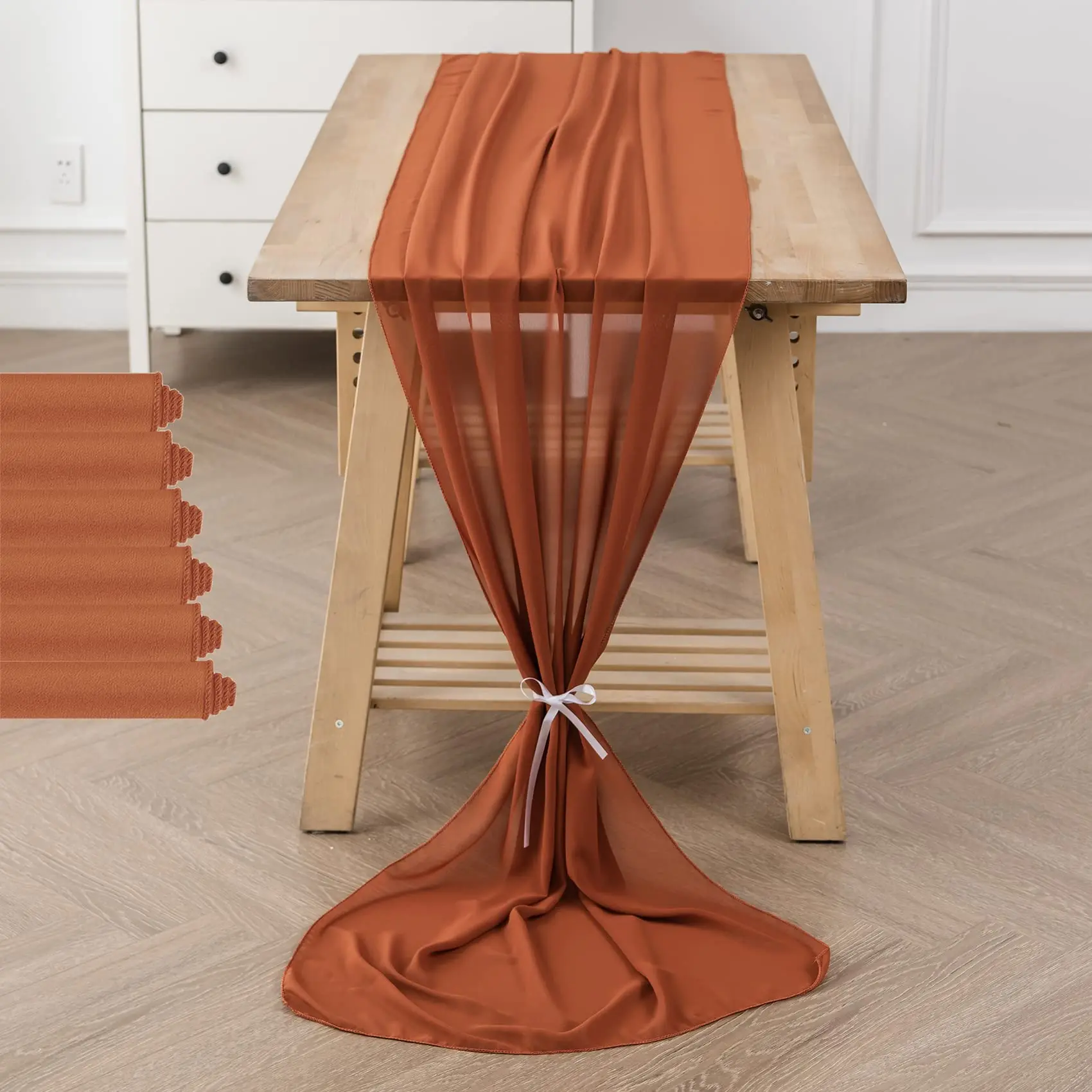 Set of 6 Terracotta Chiffon Table Runner Sheer Fabric Silk for Boho Wedding Arch Draping Decoration Birthday Party Table Deco