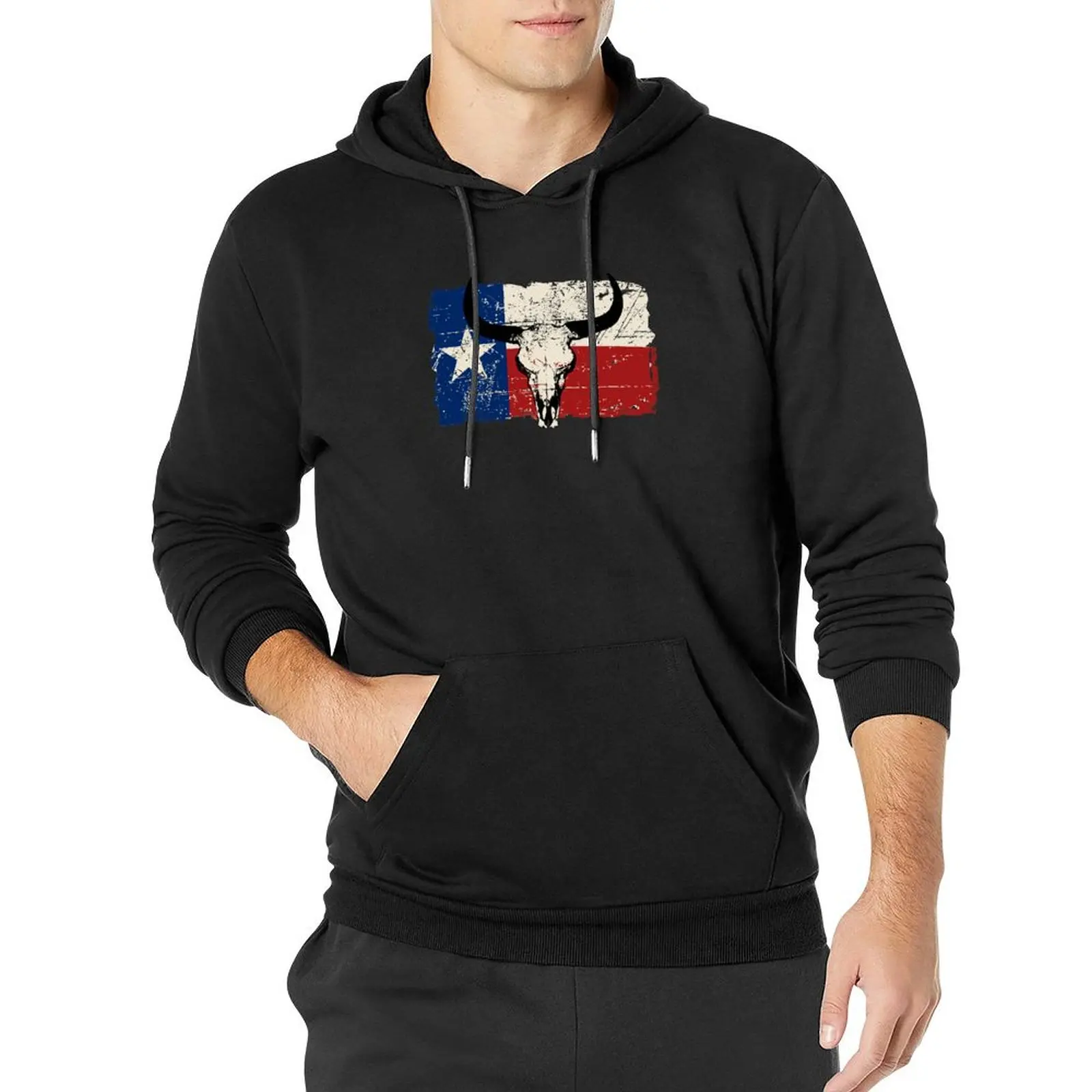 

U.S. State Texas Bull Skull Flag - Vintage Look Pullover Hoodie male clothes mens clothing men's coat tracksuit men