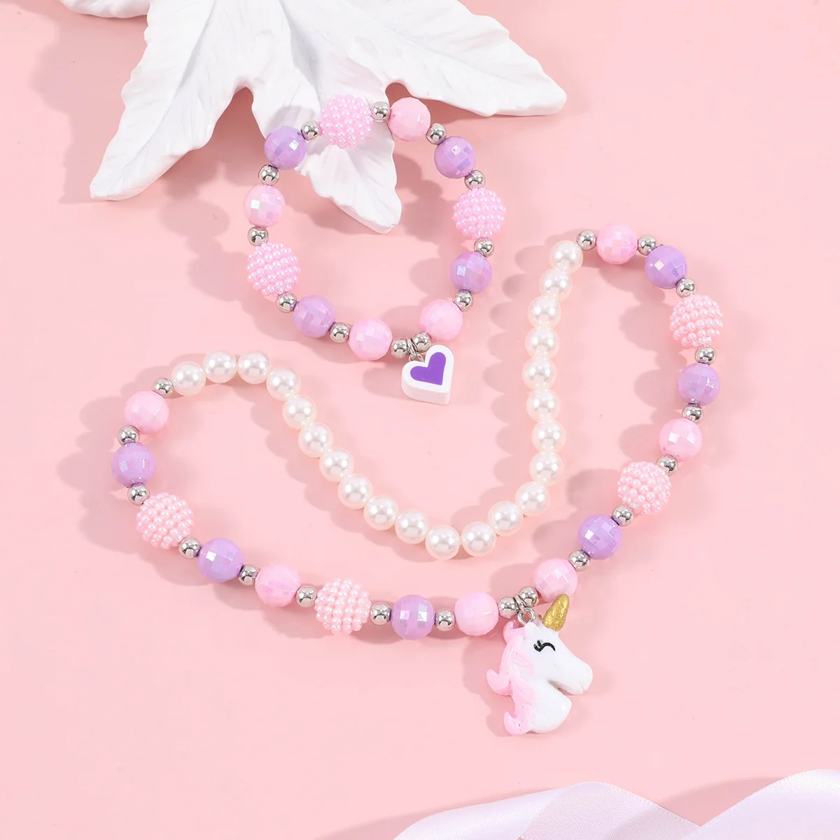 Unicorn Heart Beads Pendant Necklace Cute for Girls Children