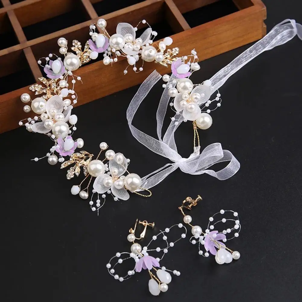 Exquisite Girls Headband Ribbon Lace-up Headpieces Headband Garland Flower Leaves Faux Pearls Decor Kids Princess Crown