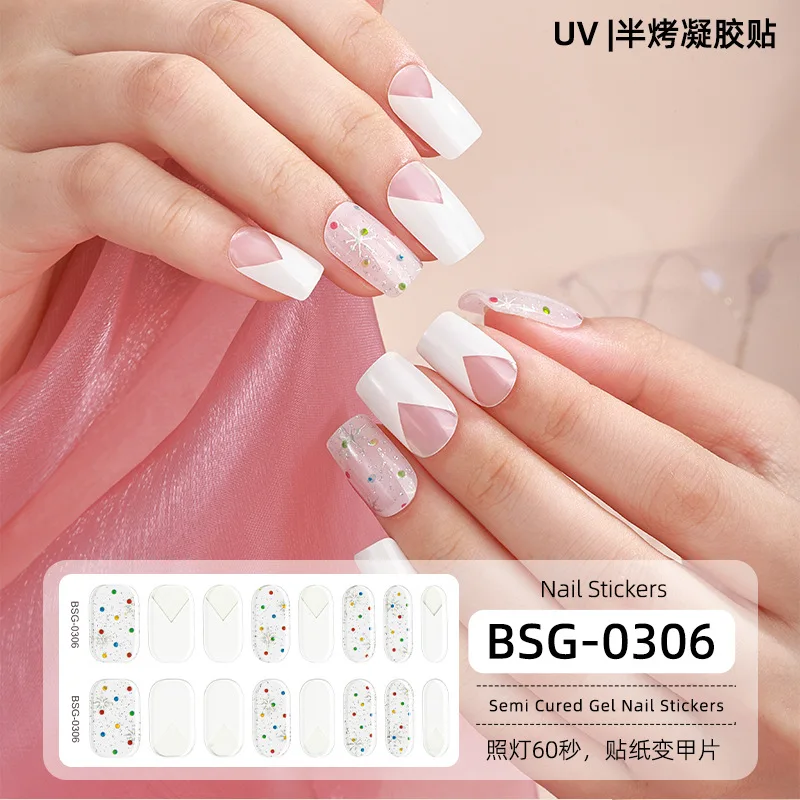 16 Strips Semi-Uitgeharde UV-Gel Nagelsticker Semi-Gebakken Gel Nagelvlekken 3d Bronzing Volledige Cover Emblemen UV-Lamp Nodig