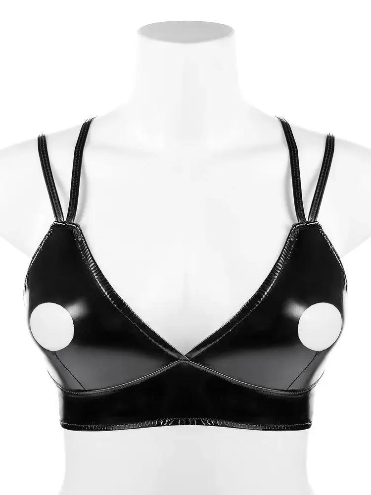 S-3XL Deep V-neck Wet Look PVC Bustier Tank Top Hollow Out Shiny PU Leather Bikini Crop Tops Tights Sexy Croptop Camis Cropped