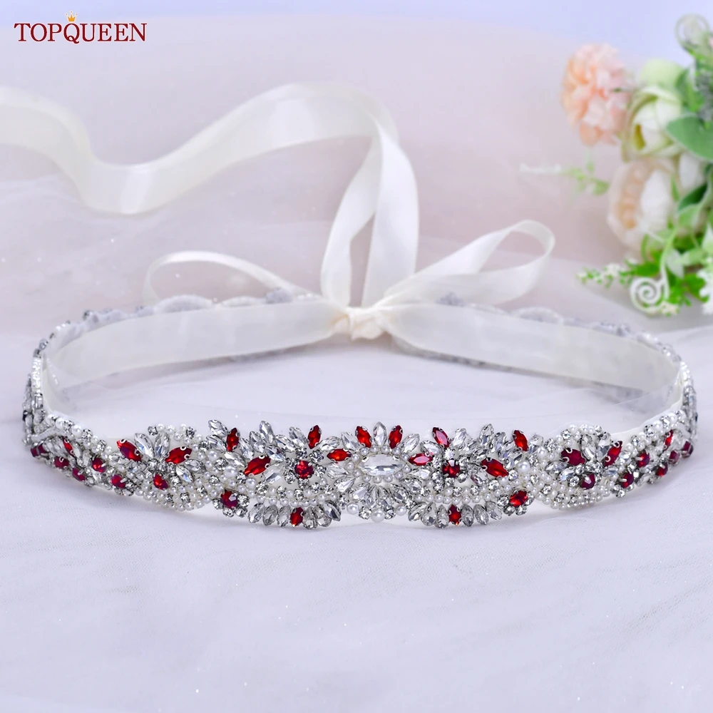 TOPQUEEN S82 Bridal Ruby Belt for Wedding Evening Dress Accessories Female Woman Moroccan Fashion Belts Silver Rhinestones